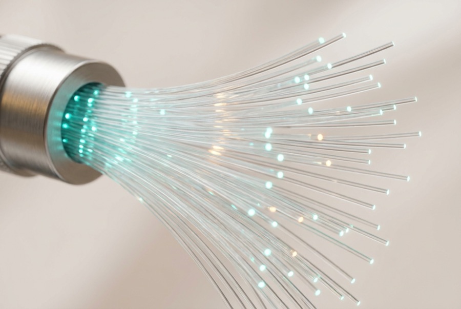 Fibre-optic strands carrying points of light, fanning out from a connector — the networks we set up and run.