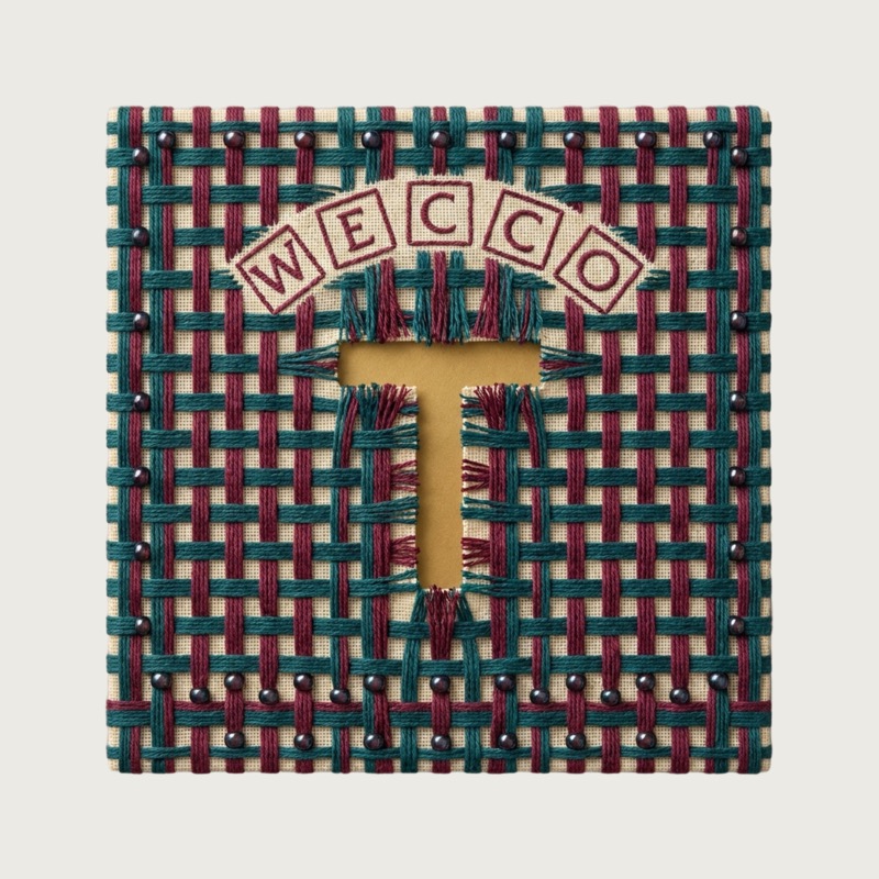 The WECCO mark — a woven signal-mesh with a letter T withdrawn from the threads, and the five values W, E, C, C, O boxed in an arc across the top.